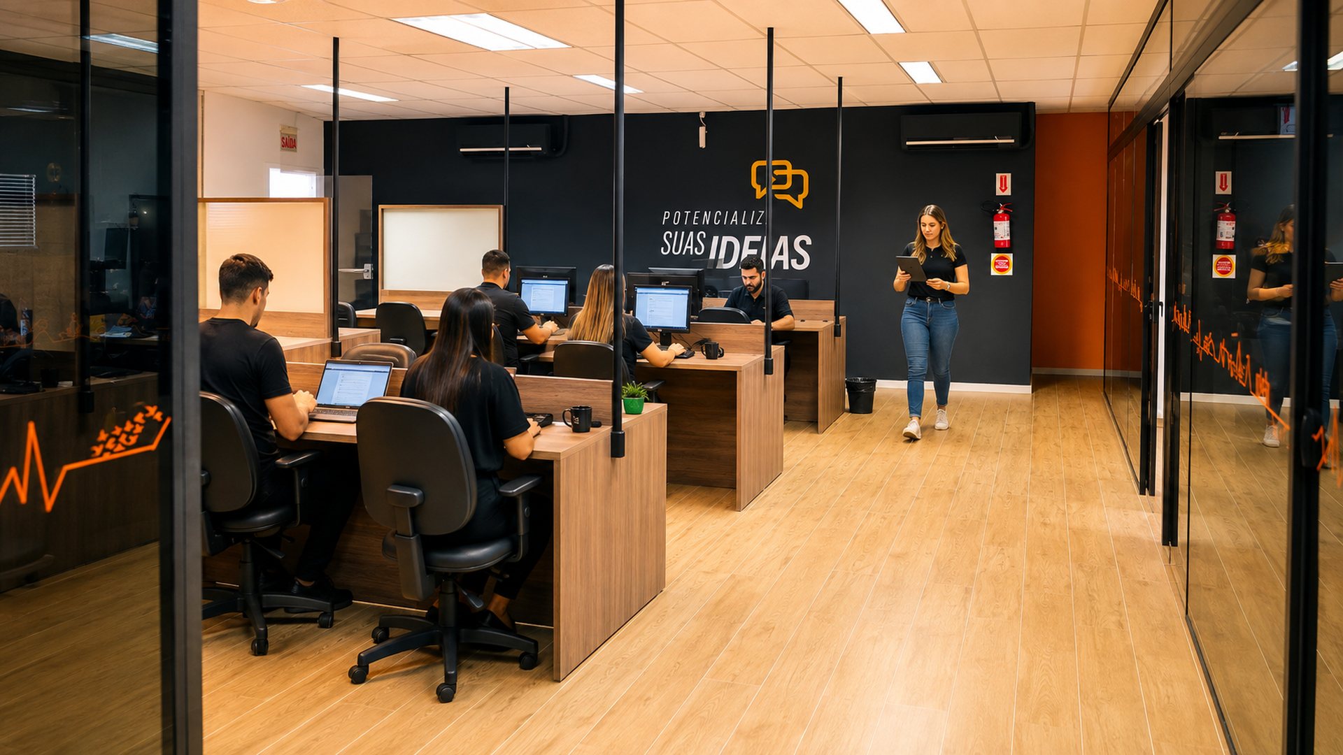 Espaço de coworking da UP Working com estações de trabalho e o mural Potencialize suas ideias